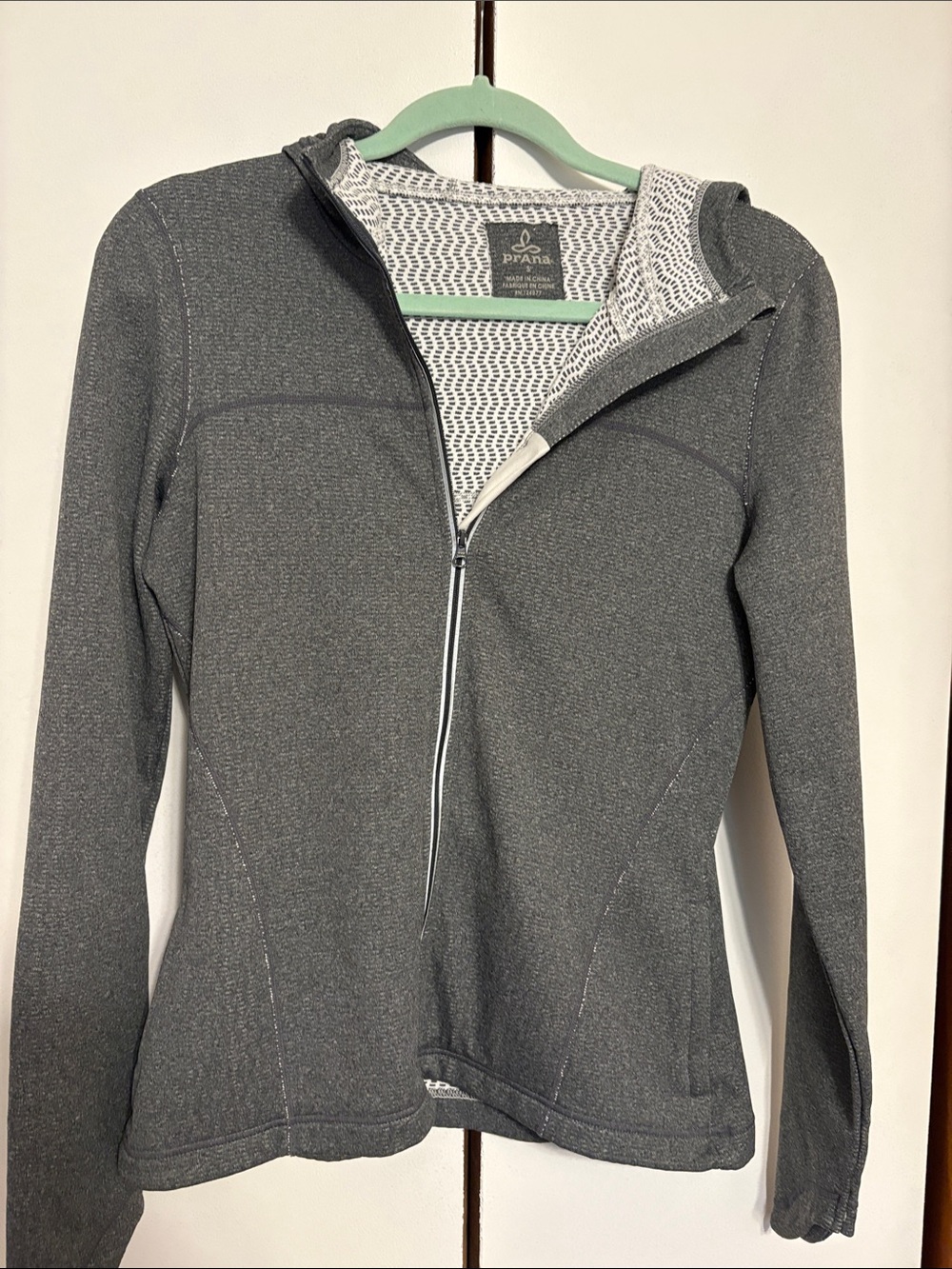 Prana Gray Hooded Zip Jacket with Patterned Lining